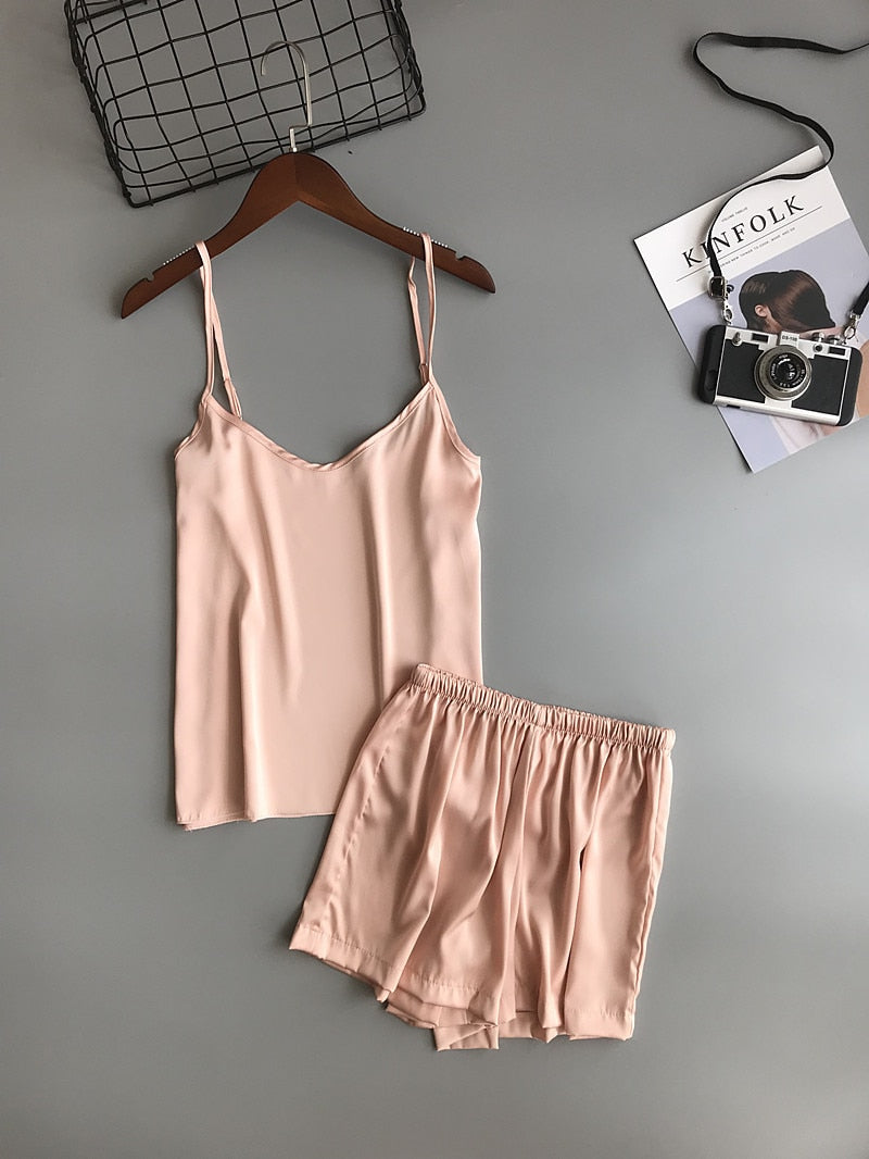 Solid Color Women Pajamas Camisole Pajama Set Woman Summer Vest Shorts Suit
