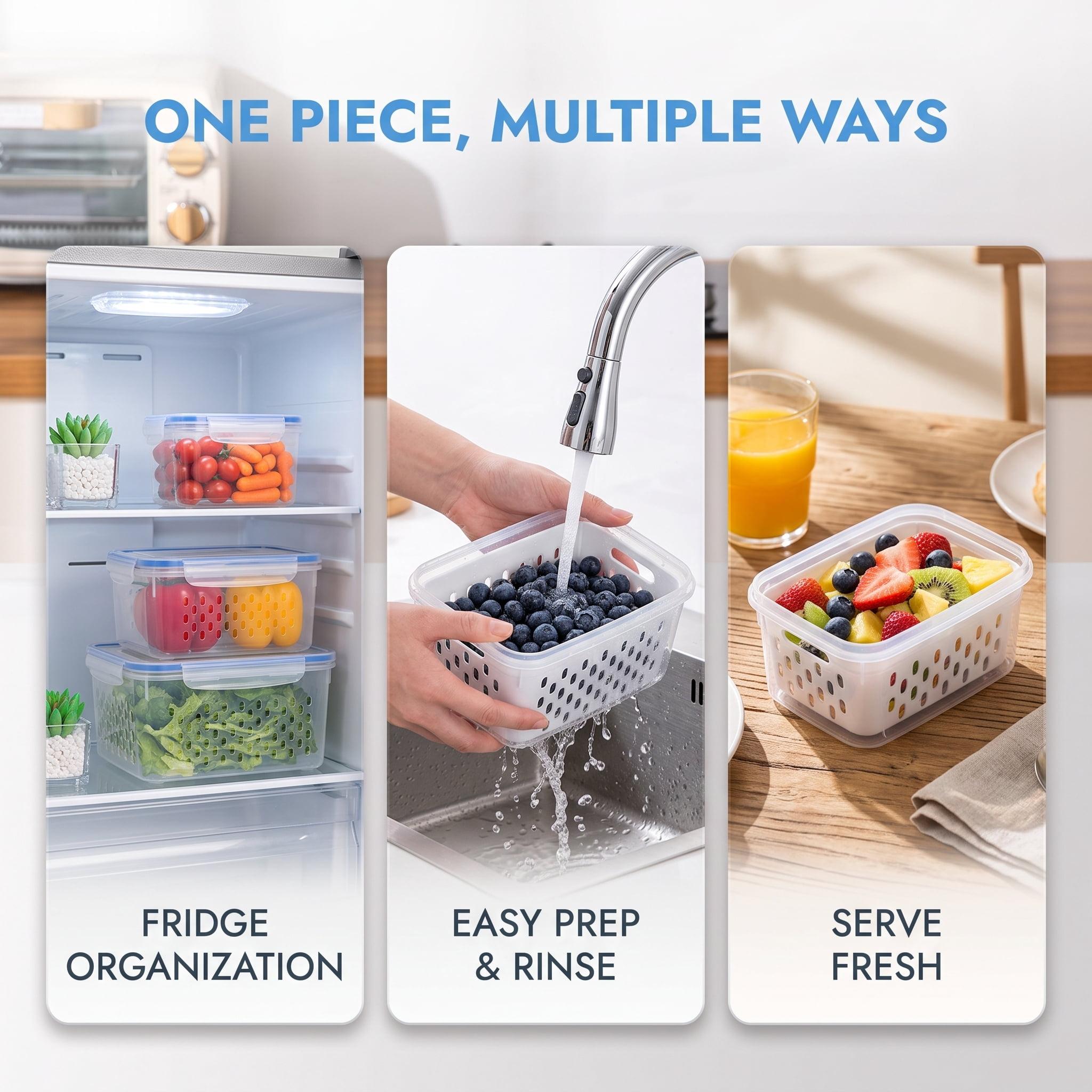 Fruit Storage Containers for Fridge, Removable Colander, Airtight Produce Saver, Dishwasher Safe Berry Keeper, 3 Sizes with Lids(3-Piece Set,Grey)
