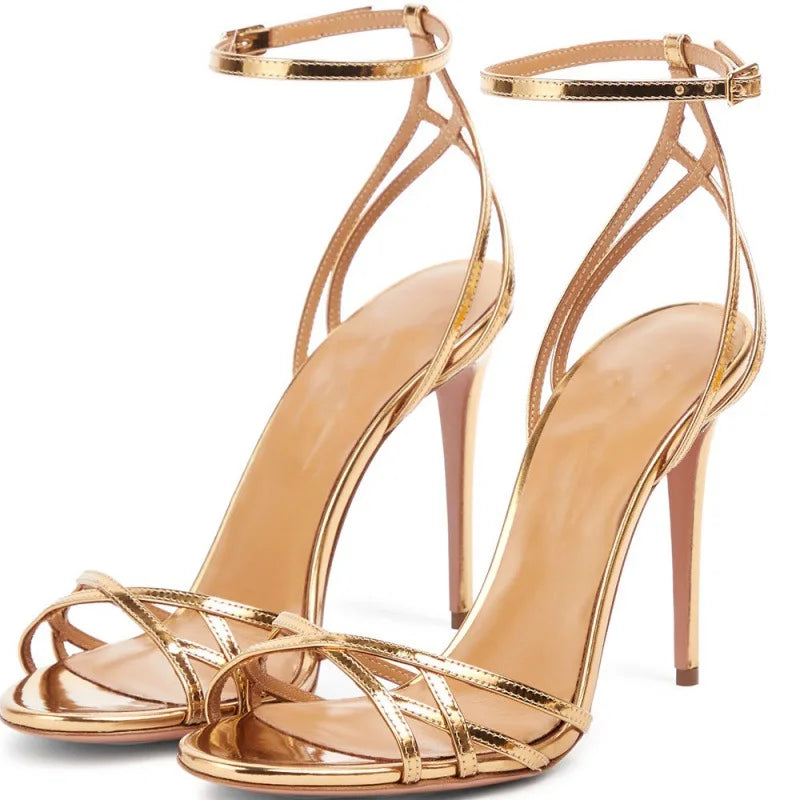 Gold Color Hollow Out Sandals Lady Fashion Pumps Thin Heel Buckle Strap Dress Shoes Woman Sexy Party High Heels