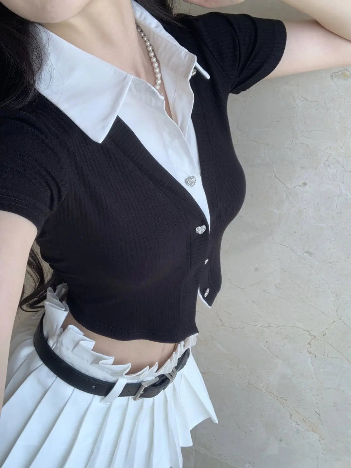 Polo Neck Shirt for Women Coquette Clothes Sexy Plain Crop Woman T Top Black Button Y2k Fashion Youth Cheap Tops on Offer Luxury