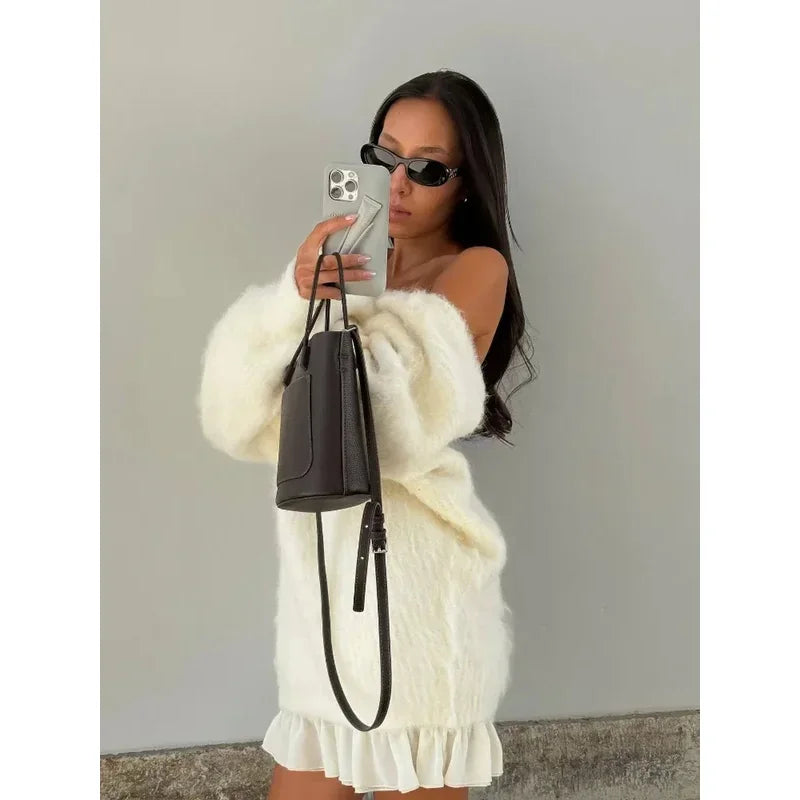 Autumn New Mohair Women Pink Sweaters Fashion Backless Lantern Sleeves Loose Knitwear Tops 2024 High Street Pullover Dress