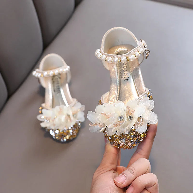 Fashion Children's Sandals 2024 Spring Summer Shining Flowers Sweet Girl Princess Shoes Dance Performance Kids Sandals J191