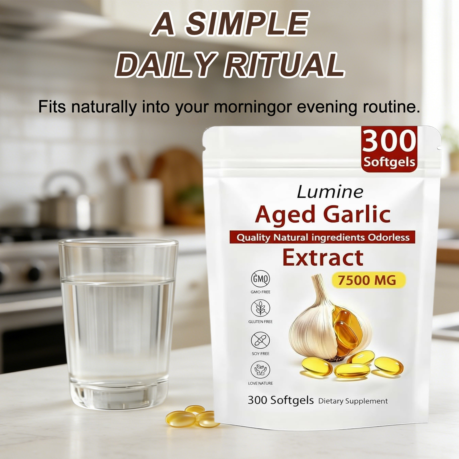 Lumine Organics Aged Garlic Extract Capsules 7500mg Odorless - 300 Count, 24 month Aged Garlic Extract Antioxidant Supplement,Vegetarian- 2026 New