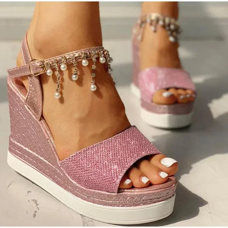 2024 New Women Wedge Sandals Summer Bead Studded Detail Platform Sandals Buckle Strap Peep Toe Thick Bottom Casual Shoes Ladies