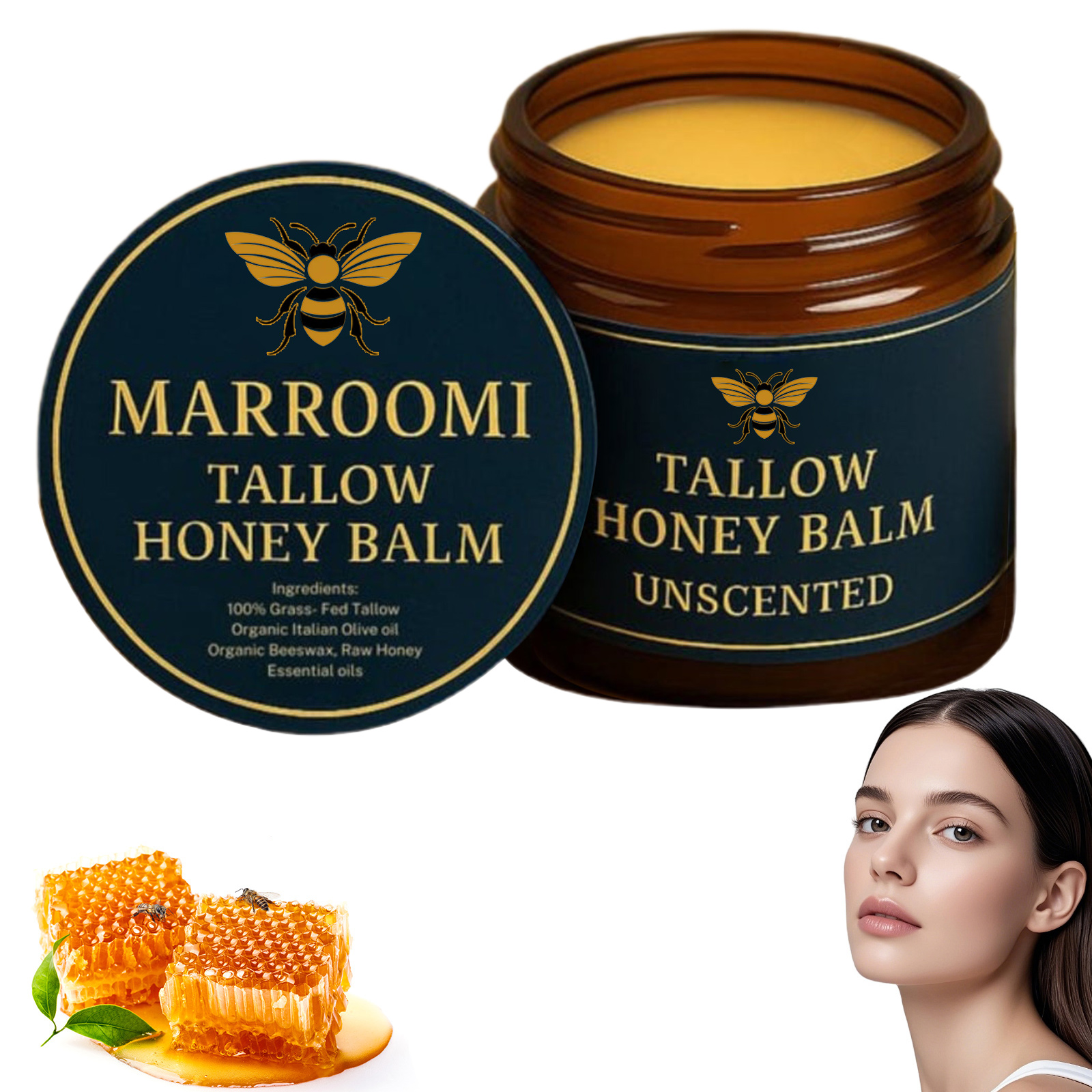 Marroomi Tallow Honey Balm, Natural Nourishment Duo, Beef Tallow for Skin, Organic Grass-Fed Beef Tallow-Balm, Soothing Moisturizing for All Skin Types