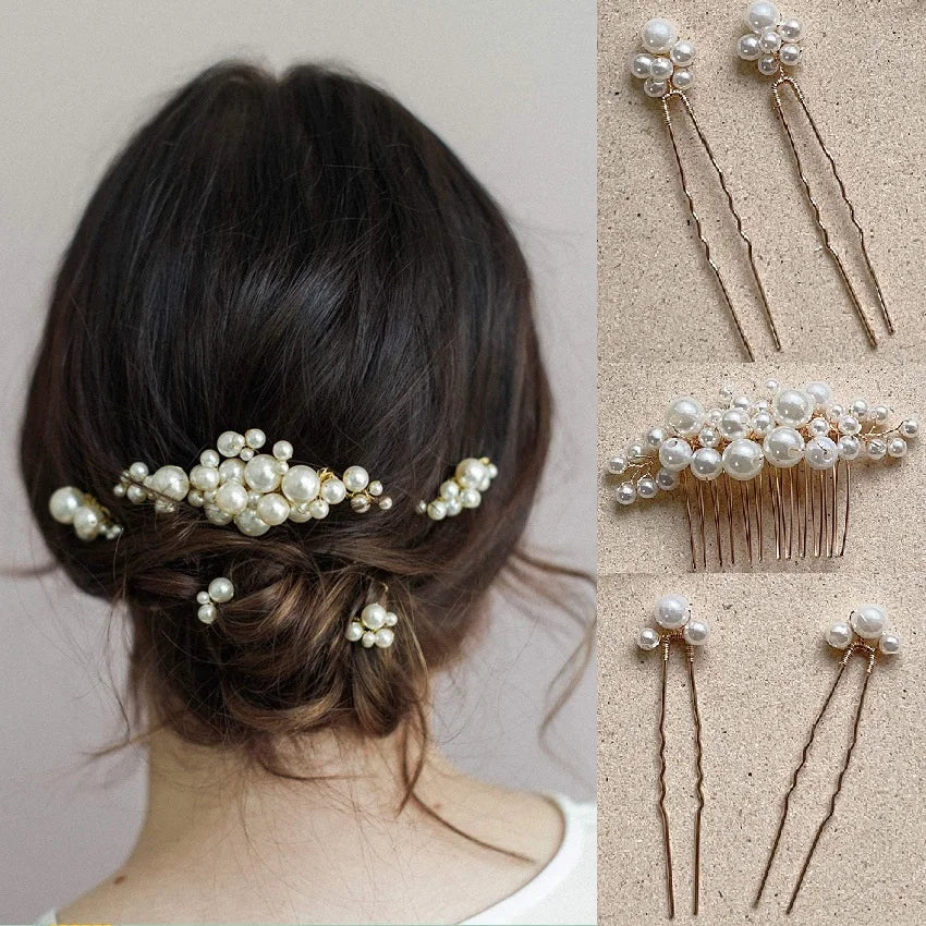 Pearl Flower Hairpin Side Comb Sets Wedding Hair Accessories Leaf Shaped Tiaras Bride Insert Hair Clip Jewelry Fashion Headwear