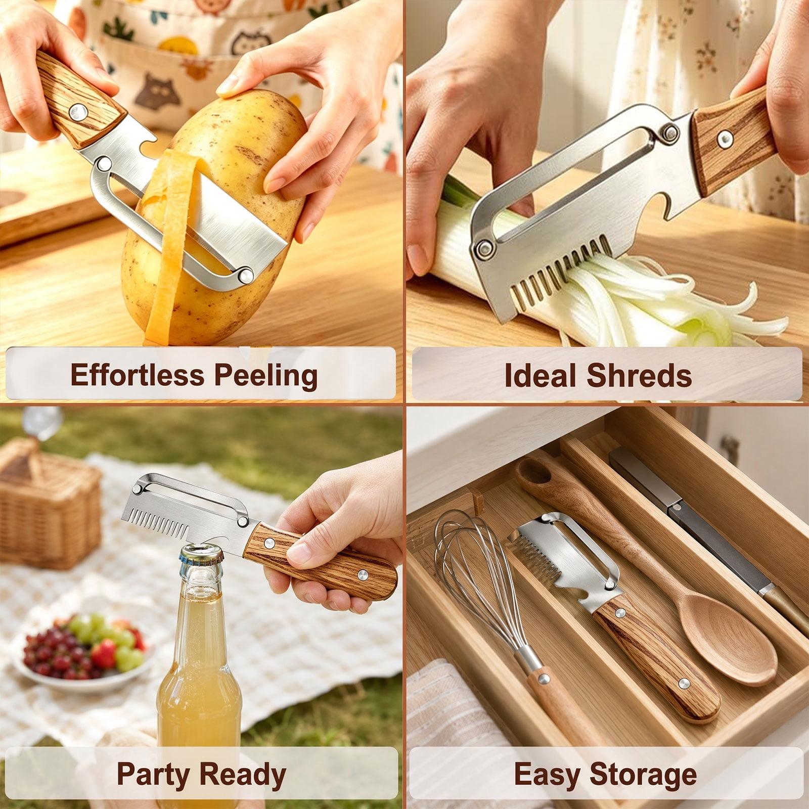 Multi-Functional Vegetable Peeler, Stainless Steel Blade with Wooden Handle, 3-in-1 Fruit Peeler with Bottle Opener & Grater, Kitchen Tool