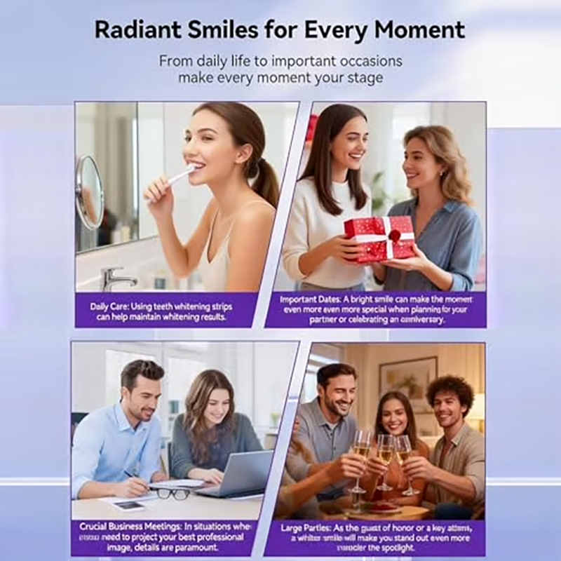 Purple Teeth Whitening Strips—gentle, daily-use whitening strips that reduce surface stains and impart a natural shine; portable and enamel-safe, suitable for use at home or on the go.