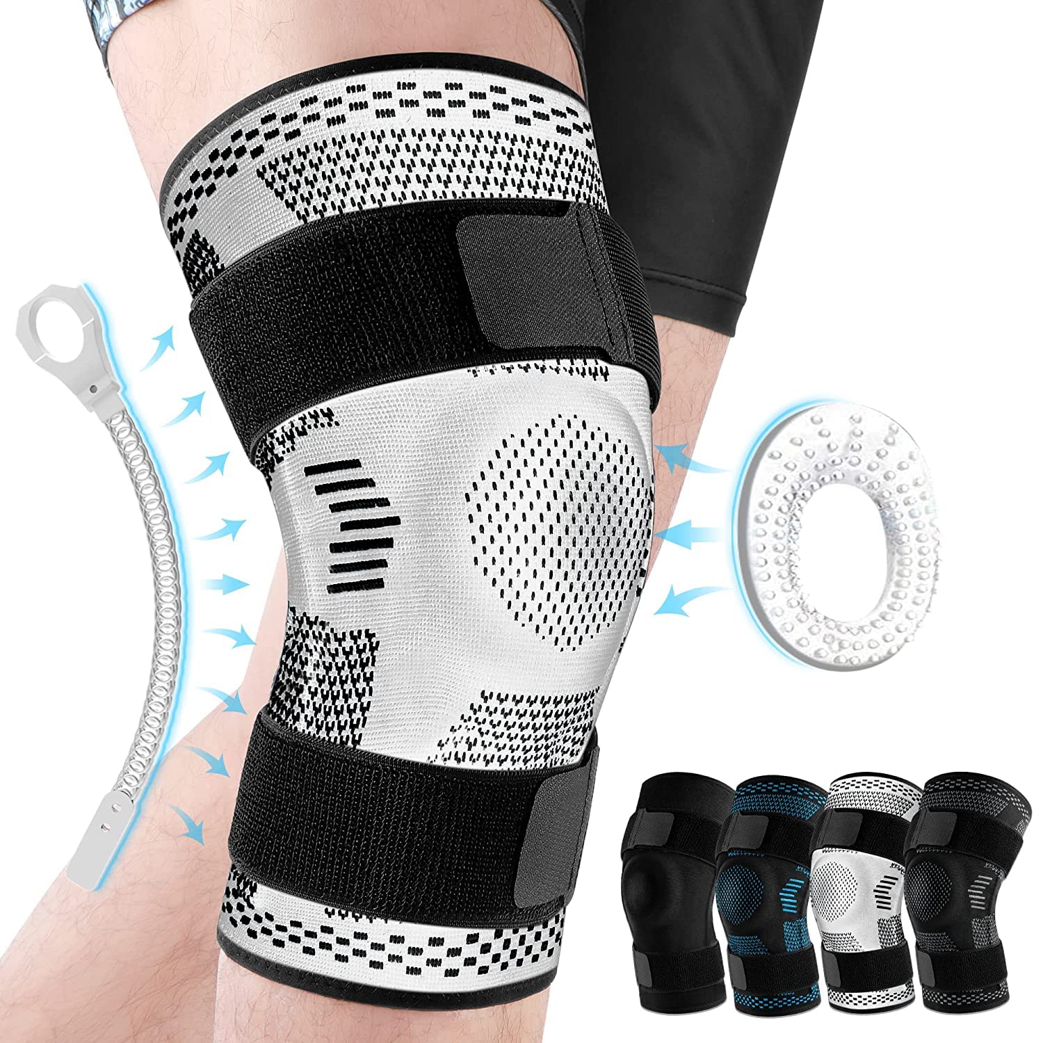 Sports kneepads for knee pain relief, tear damage recovery, with side stabilizers, patella support gel, compression sleeve