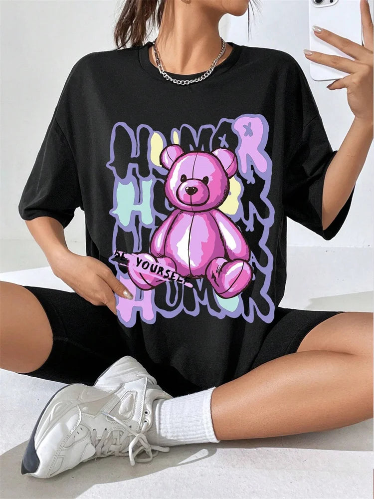 Cartoon Letter Bear Print Tshirt Women's Casual Simple Short Sleeve Round Neck T-Shirt Oversized Loose Cotton Tops Women Tshirt