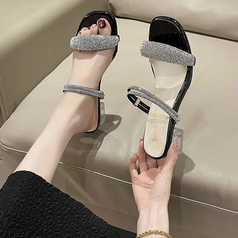 Women's Summer Slippers, 2024 New Non-slip Wear Thick Heel Flip-flops Diamond High Heels Sandals, Beach Fashion Flip-flops