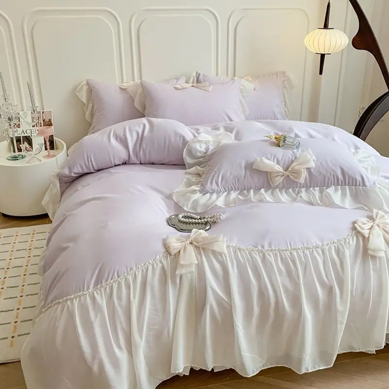 French Princess Style Bedding Sets Ruffle Lace Bow Quilt Cover Romantic Bedclothes Decor Woman Girls Bedroom Duvet Cover 4pcs