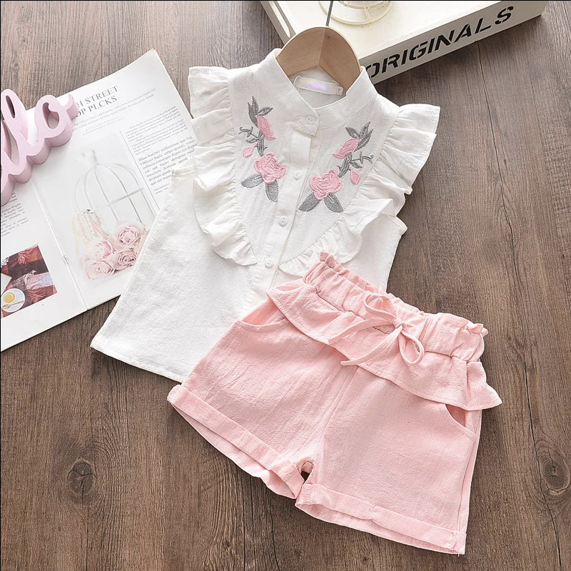Bear Leader Girls' Clothing Set 2023 Summer New Casual Children's Embroidered Sleeveless Shirt+Shorts Set Girls' Baby Clothing