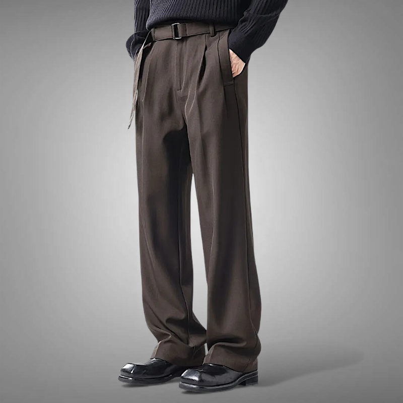 Pleated straight leg trousers with self belt