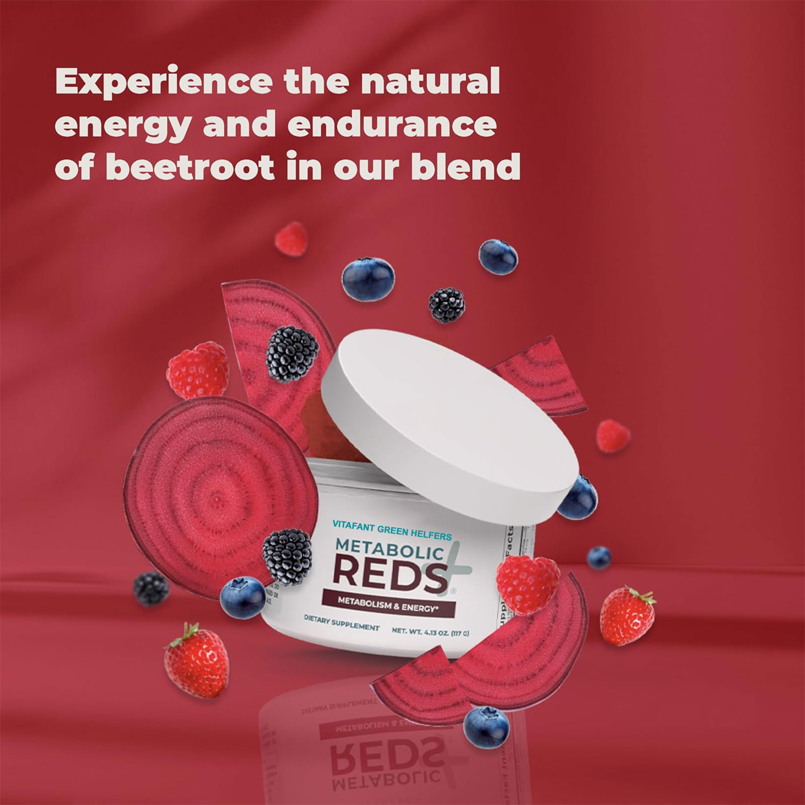 VITAFANT GREEN HELFERS Reds Superfoods Pulver - Nur 10 Kalorien Obst- und Gemüse-Adaptogen-Getränk mit Rote Beete, Polyphenolen, probiotischem Pulver - Antioxidantien-Ergänzung für Energie, 30 Portionen