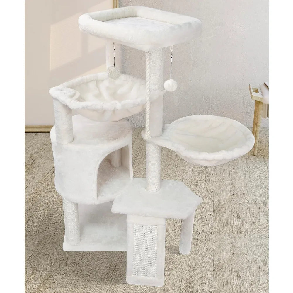 Three Layer Cat Tree with Cat Condo Scratch Pad and Two Hammocks,Beige