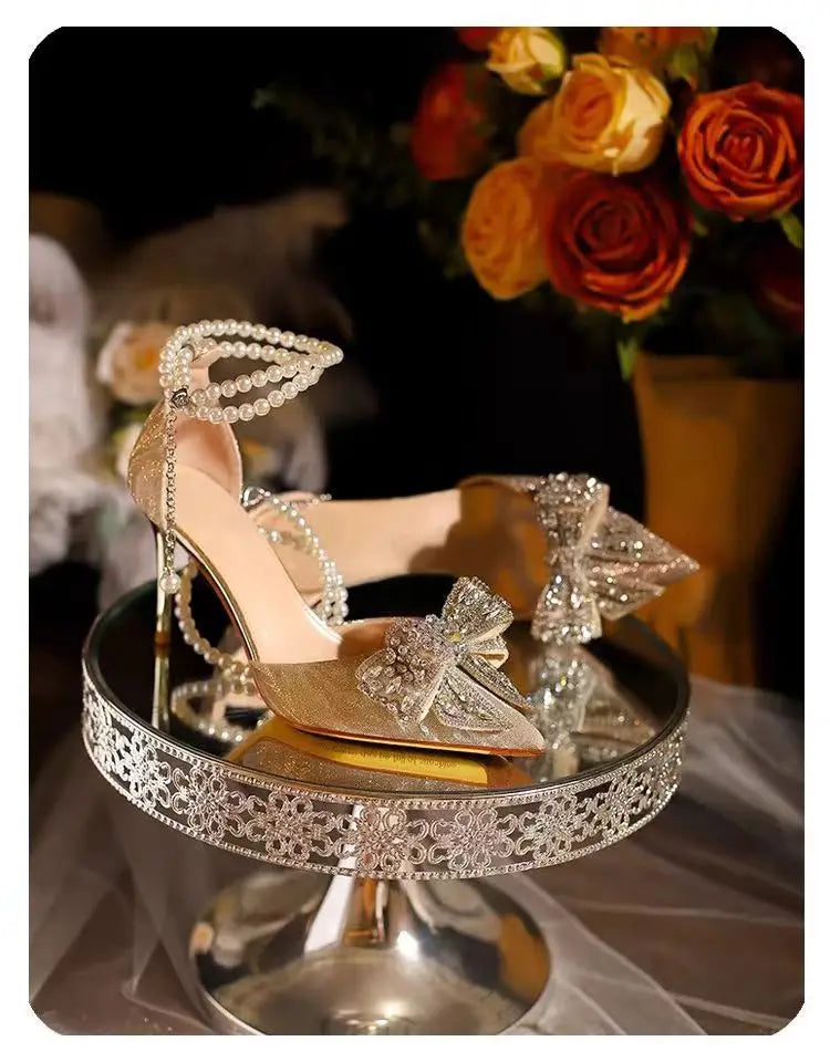 Summer Fashion Pointed Toe Sandals Women's Rhinestone Pearl Butterfly Gold Silver High Heels Party Wedding Plus Size Shoes