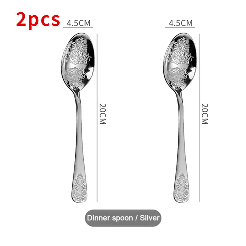 &Gold Luxury Cutlery Sets Fork Spoons Knife Silverware Kit Vintage Carved Tableware Set European Dinnerware For Home Kitchen