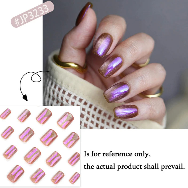 Nude Pink Glitter Cat Eye Nail Art Wearable Solid Color Fake Nails Detachable Finished False Nails Press on Nails with Glue