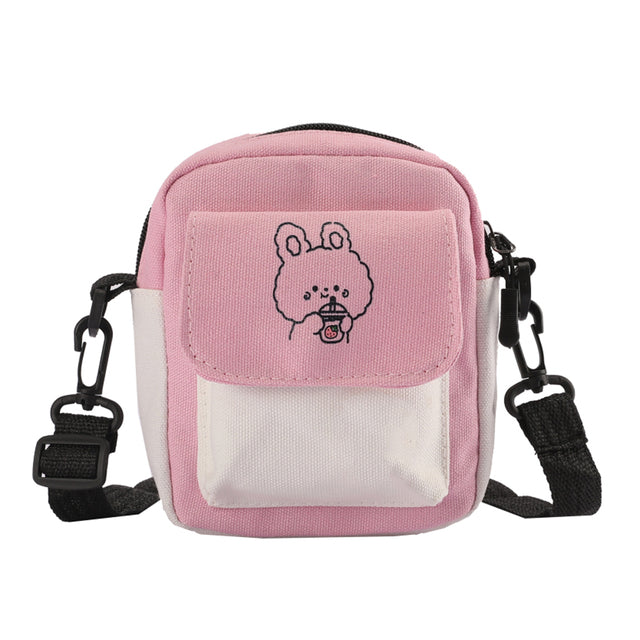 Women Cartoon Print Shoulder Bag Cute Canvas Bag Contrast Color Crossbody Girls Kawaii Phone Purses Ladies Small Square Handbag