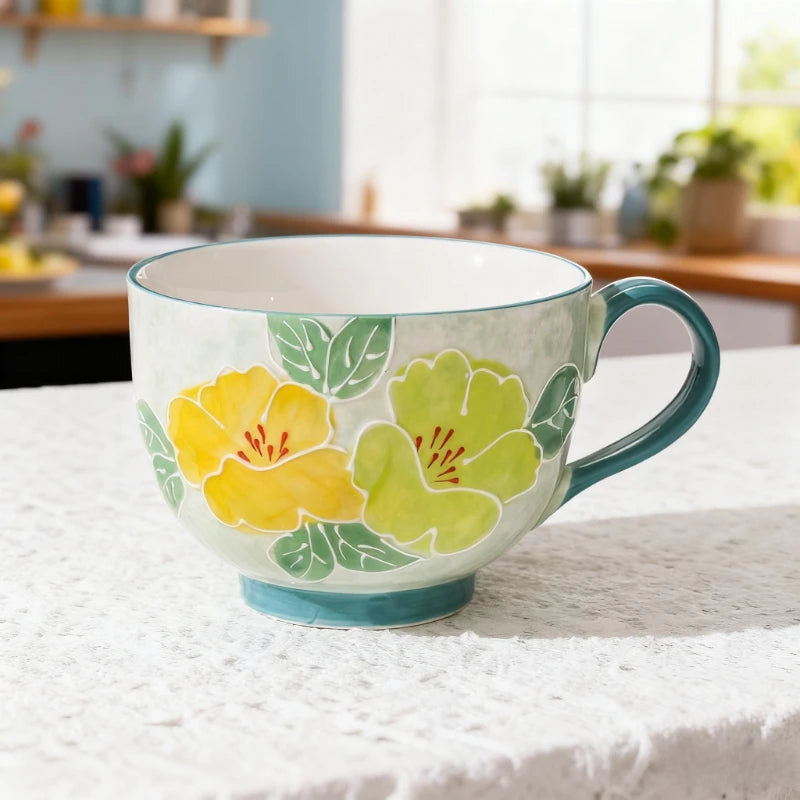 Embossed pure hand-painted ceramic cup beautiful large capacity breakfast cup high value flower tea cup milk oatmeal cup