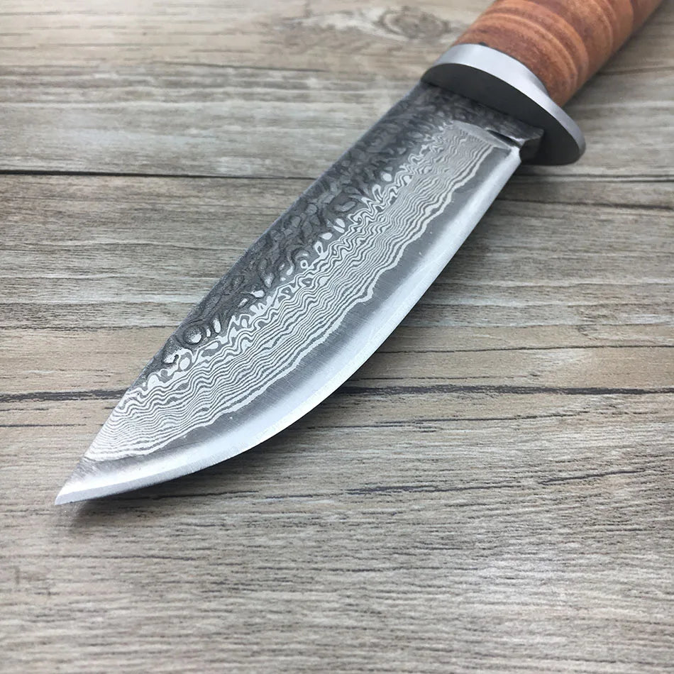 Forged Damascus Steel Straight Knife Tactical for Hunting and Camping