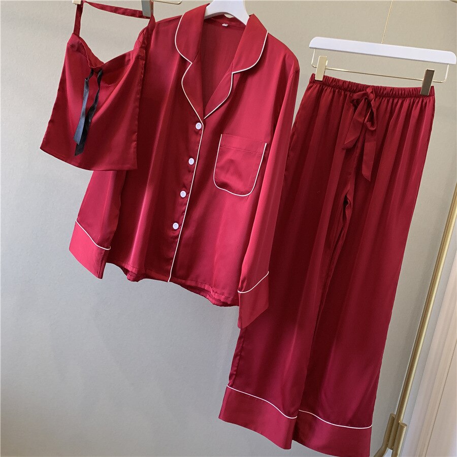Pure Color Woman Long Sleeve Stain Pajama Set Satin Soft Fashion Pajamas