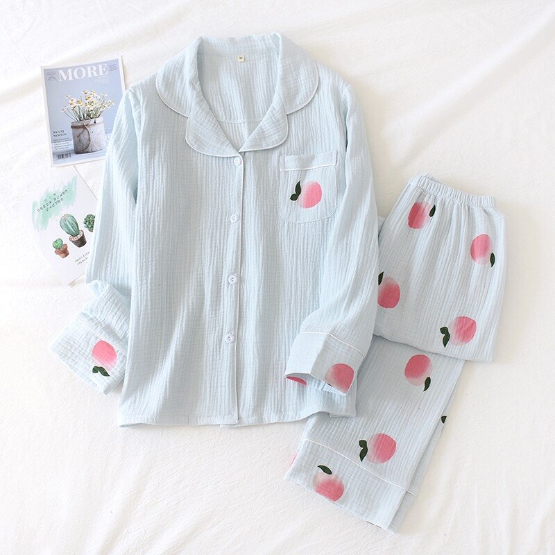Spring New Ladies Pajamas Set Heart Printed Crepe Cotton Double-layer Gauze Turn-down Collar Long-sleeve Trousers Household Wear