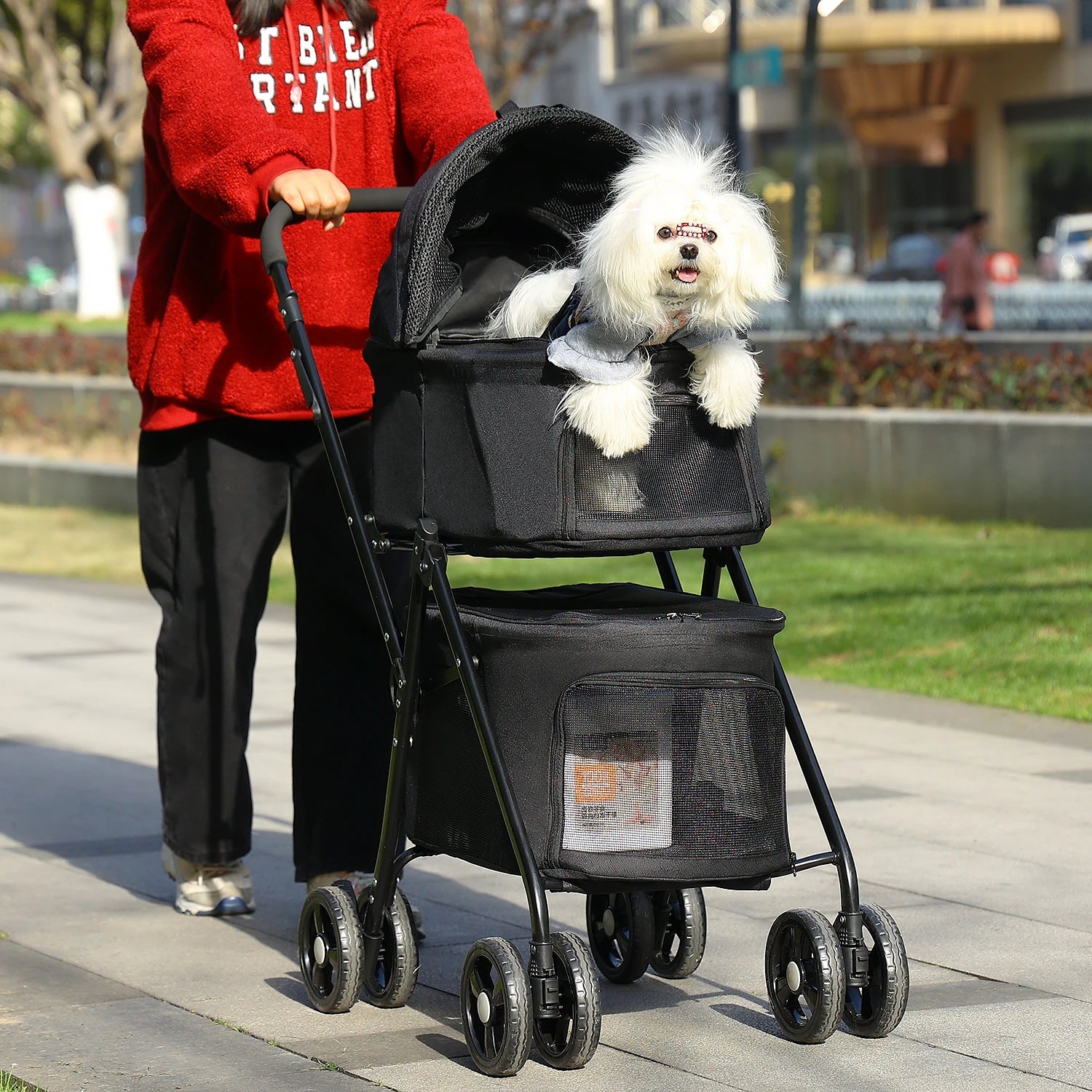 Pet Stroller 4-Wheel Foldable Dog Travel Stroller Pushchair Jogger with Storage Basket for Puppy Cat Pet Suplies Outdoor