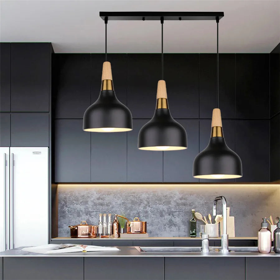 Modern Pendant Lights 3 Heads Wood Aluminum Hanging Lamp Chandelier Black for Loft Dinning Living Room Kitchen Lighting Fixture