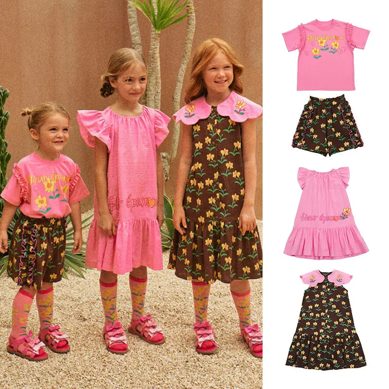 2024 New Summer Kids's Clothes Girls Party Pink Dress Baby Children's A-Line Embroidered Floral Skirts Children's Clothings