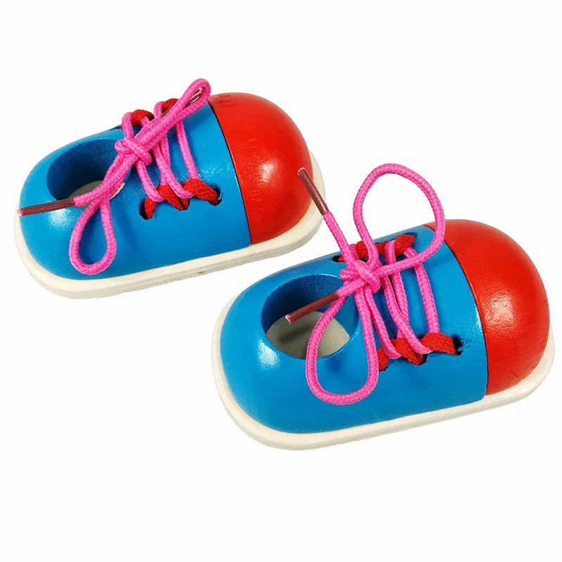 2Pcs Kids Montessori Educational Wooden Toys Tie Shoes Lace up Shoes Toys Toddler Lacing Shoes Early Educational Learning Toys