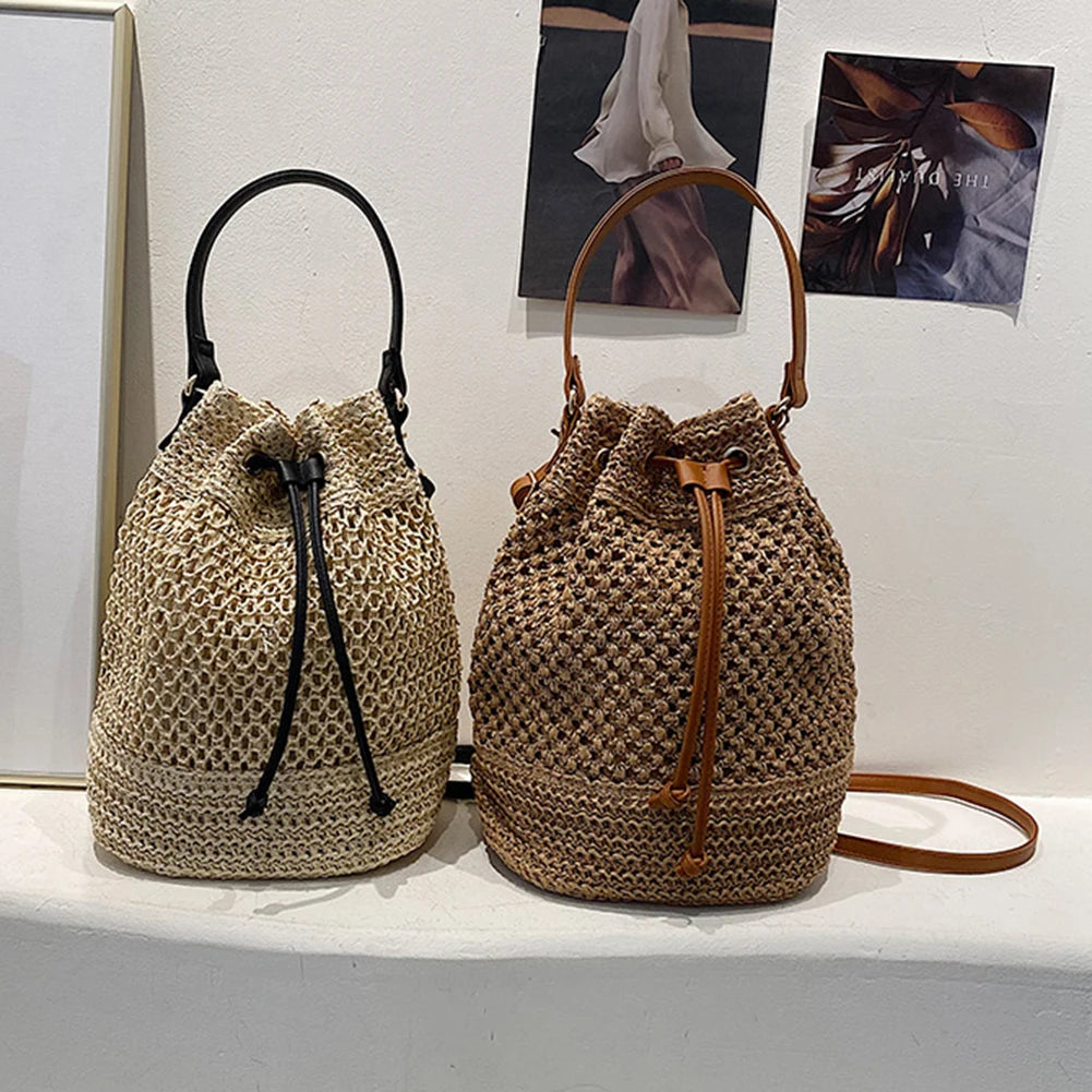 Summer Straw Shoulder Bags Drawstring Women's Straw Bucket Bag Purse Raffia Woven Straw Handbags Casual Boho Beach Crossbody Bag