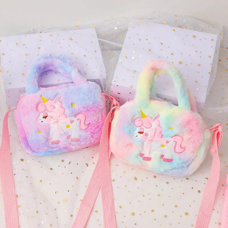 Kids Embroidery Unicorn Plush Toy Crossbody Purses Handbags Little Girls Rainbow Fluffy Purse Cute Cartoon Furry Shoulder Bag