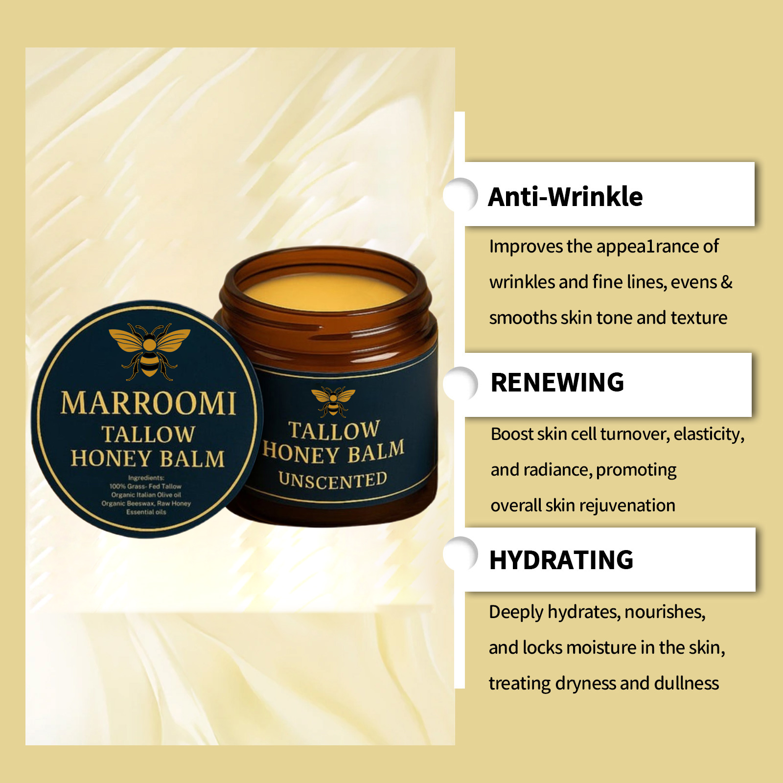 Marroomi Tallow Honey Balm, Natural Nourishment Duo, Beef Tallow for Skin, Organic Grass-Fed Beef Tallow-Balm, Soothing Moisturizing for All Skin Types