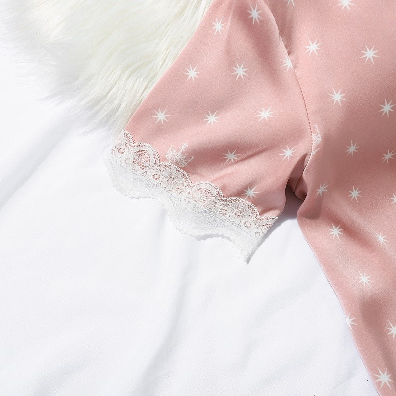 Srping New Crown Print Women Pyjamas Lace Sweet Short Sleeve Suit Pajamas Summer Satin Chiffon Soft Touch Sleepwear