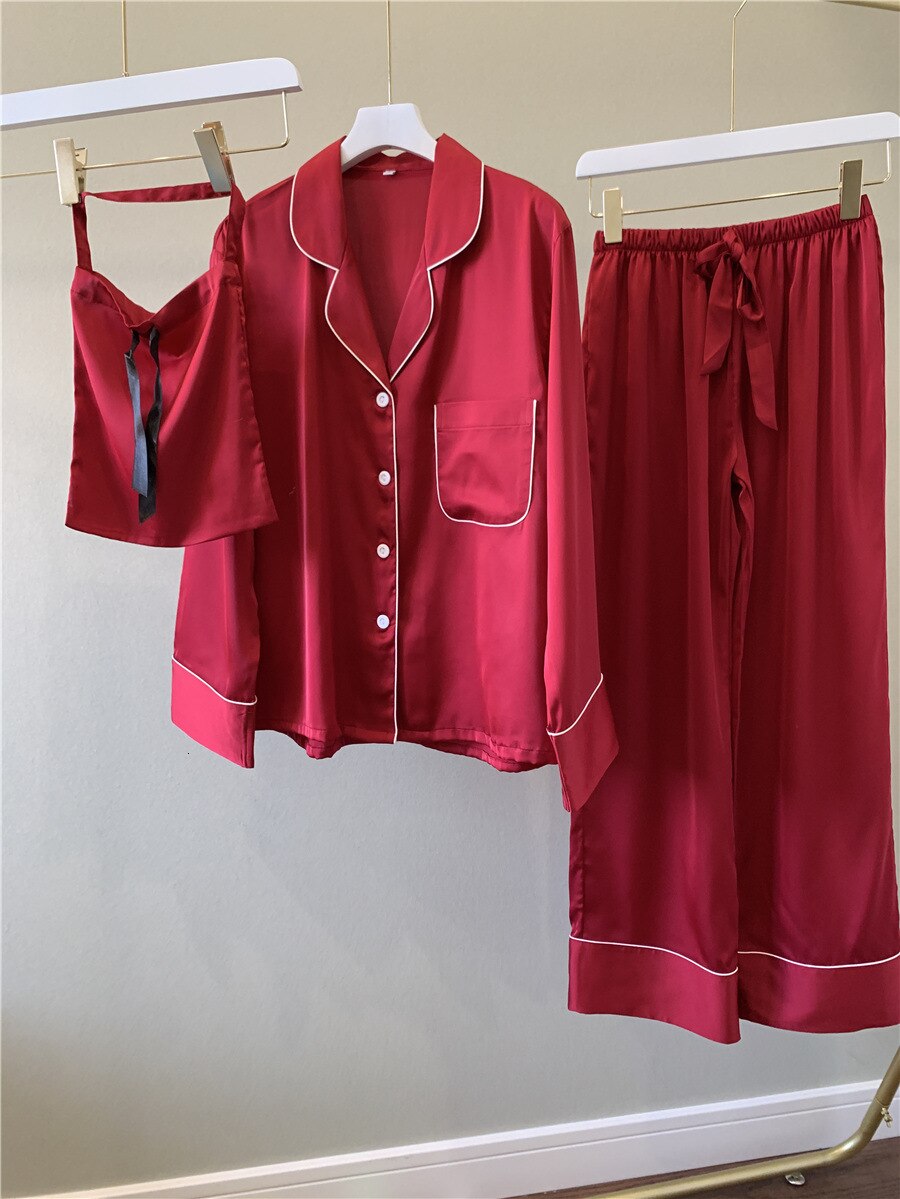Pure Color Woman Long Sleeve Stain Pajama Set Satin Soft Fashion Pajamas