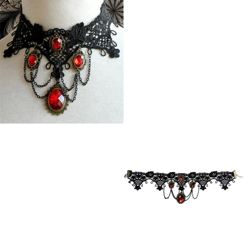 Victorian Gothic Halloween Red Rhinestone Charms Vampire Maxi Necklace Choker Fashion  Cocktail Evening Party Dress Jewelry