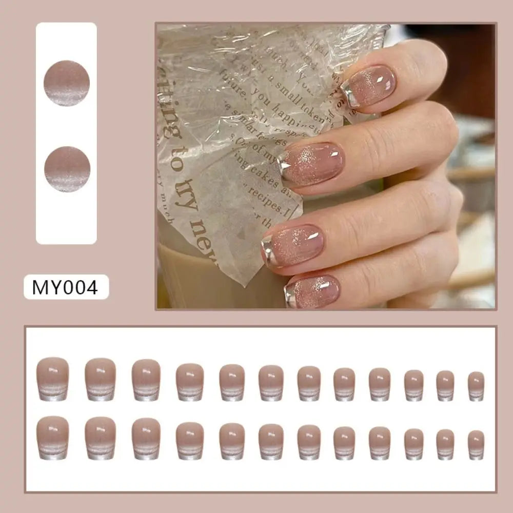 24pcs Cat Eye Fake Nails Square Head French Nails Press on Nails Full Cover Nail Tips Waterproof Faux Fingernails