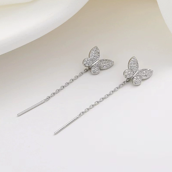 Butterfly Ribbon Threader Earrings - Full Pavé Setting