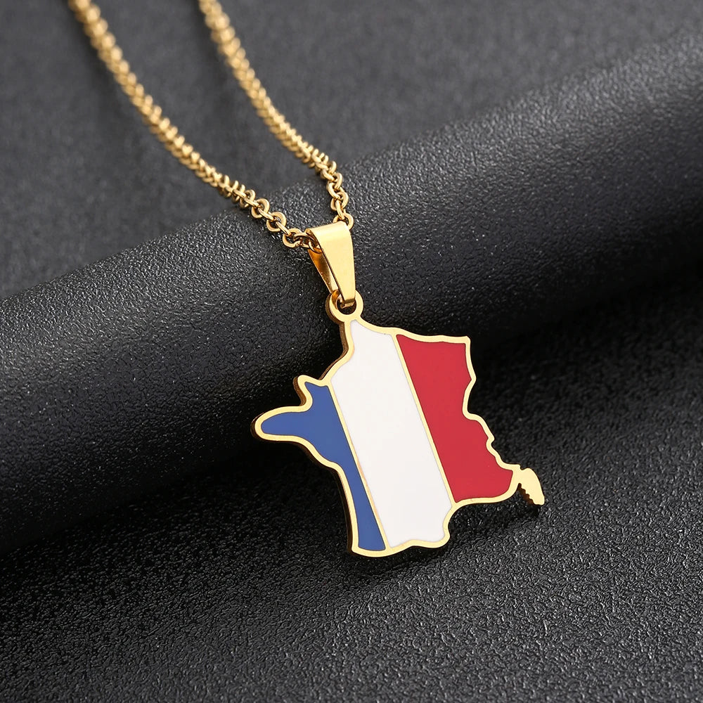 New France Map Flag Pendant Necklace Stainless Steel For Women Men Gold Silver Color Charm Fashion French Jewelry Gifts