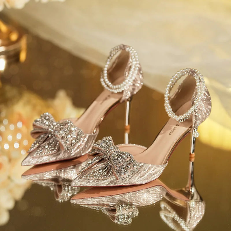 Summer Fashion Pointed Toe Sandals Women's Rhinestone Pearl Butterfly Gold Silver High Heels Party Wedding Plus Size Shoes