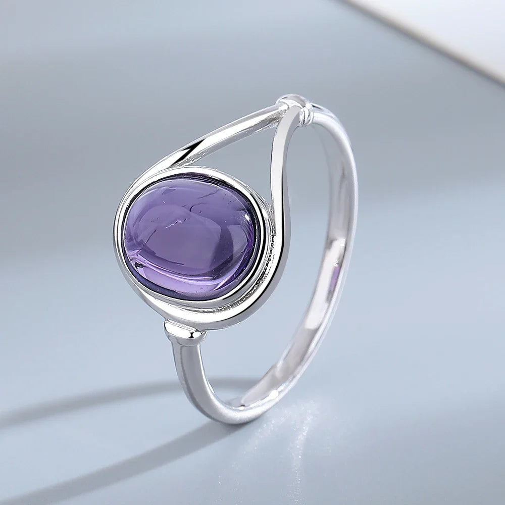 925 Sterling Silver Jewelry Ring 8*10MM Round Natural Moonstone Amethyst Agate Stone Vintage Ring For Women Party Gifts