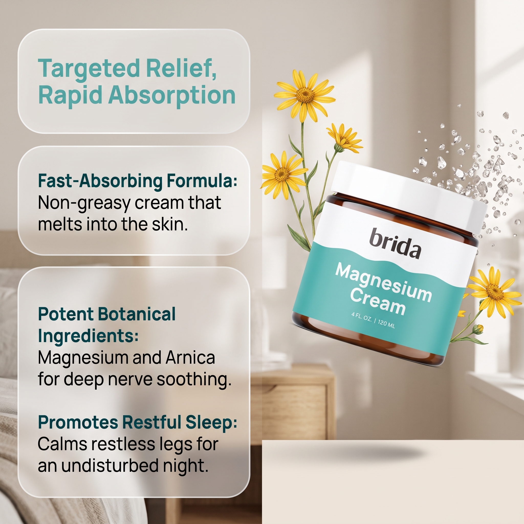 Brida Nerve Relief Lotion, Professional Magnesium Cream 120ml, Brida Neuropathy Cream, with Arnica Montana, Magnesium, Natural Plant Ingredients, for All Skin Types