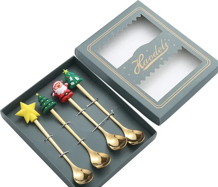 Kreativer Weihnachtsbaum-Kaffeerührlöffel aus Edelstahl, Dessert- und Obstgabel, Figurenlöffel und -gabel, Besteck-Geschenkset