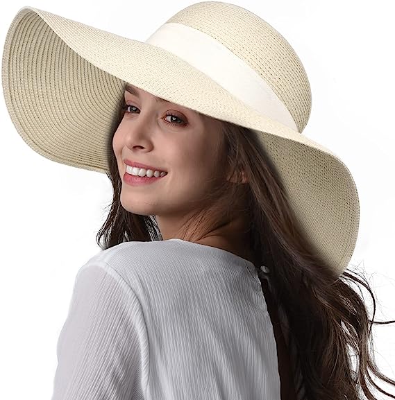 LUCKYSONG Womens Sun Straw Hat Wide Brim UPF 50 Summer Hat Foldable Roll up Floppy Beach Hats for Women