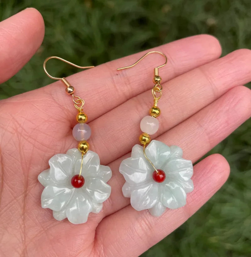 Natural Jade Emerald Luck Flower Earrings Bead Charm Jewellery Fashion Accessories Hand-Carved Man Woman Amulet Gifts