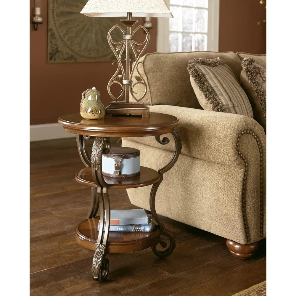 Traditional Hand-Finished Chairside End Table with 2 Fixed Shelves, Dark Brown