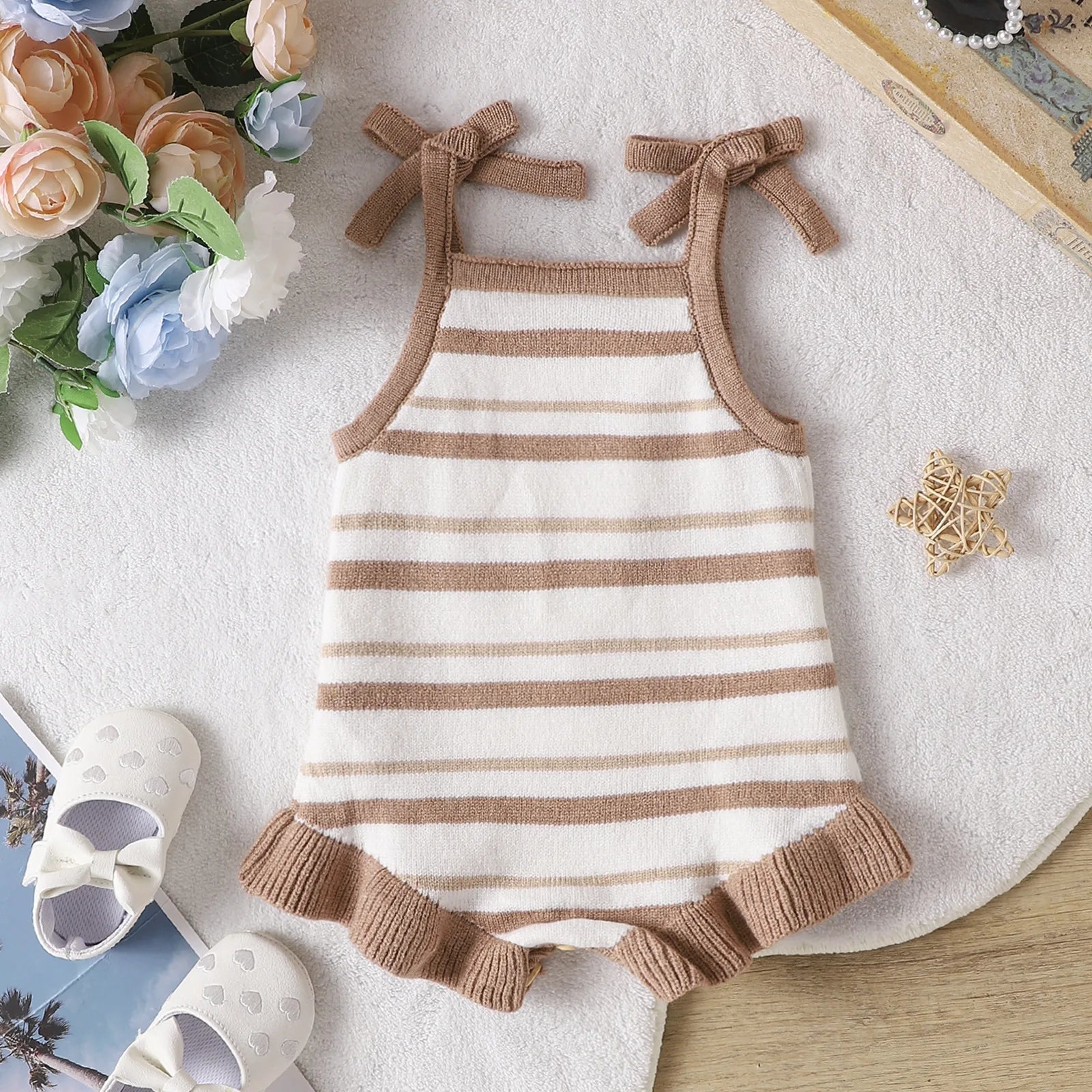 Newborn Baby Girls Knitting Jumpsuit Spring Toddler Striped Clothes Ruffle Sleeveless Crochet Sweater Romper For Kids