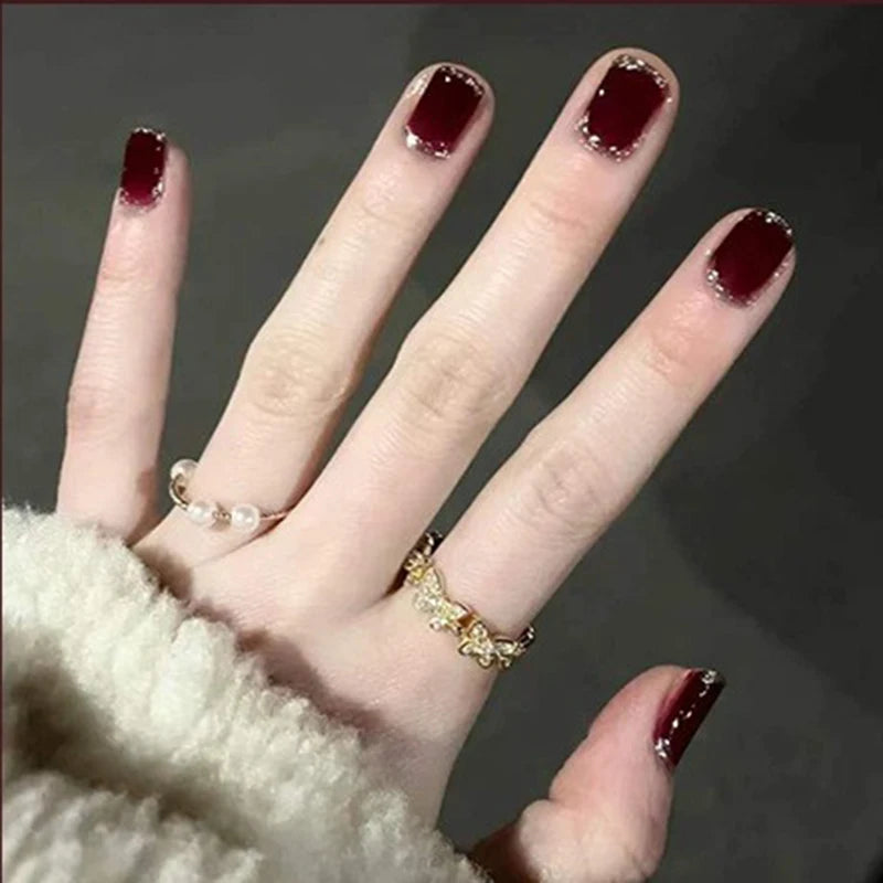 New Yearn Wine Red False Nails Self Adhesive Detachable Finished Fingernails Wearable Fake Nails for Nail Art Decoration